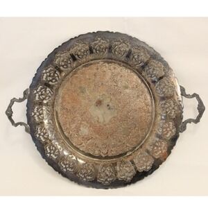 Vintage Antique Victorian Silver Plated Copper Serving Platter Tray w handle 12"